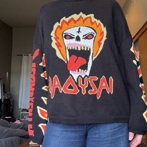 Lazy Oaf Black Sweater with Fiery Skull Design